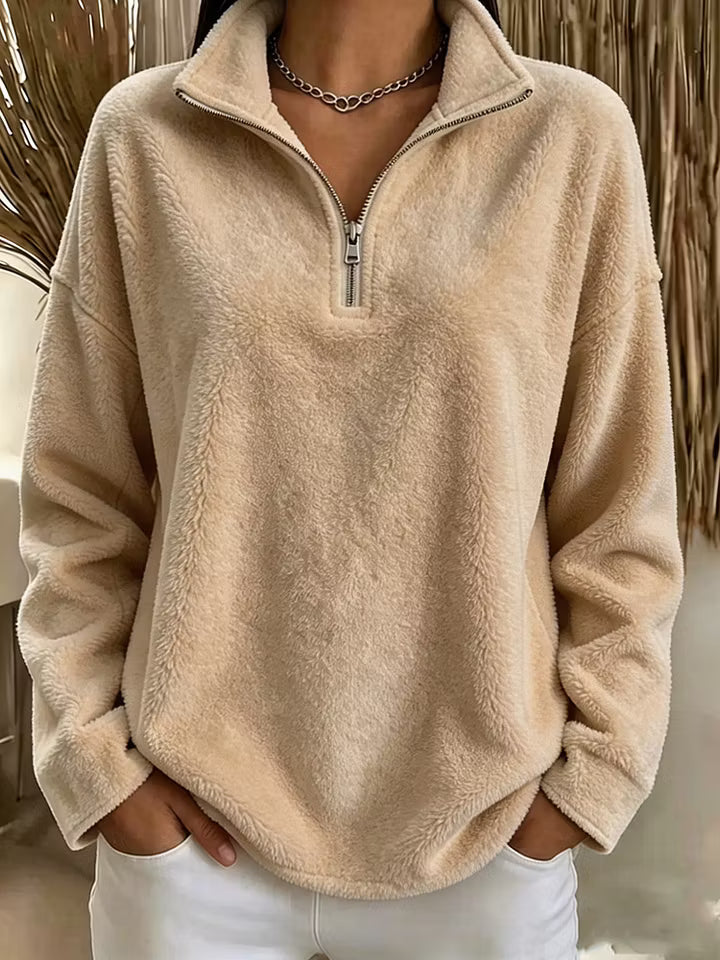 Felpa donna effetto peluche con collo alto e zip corta