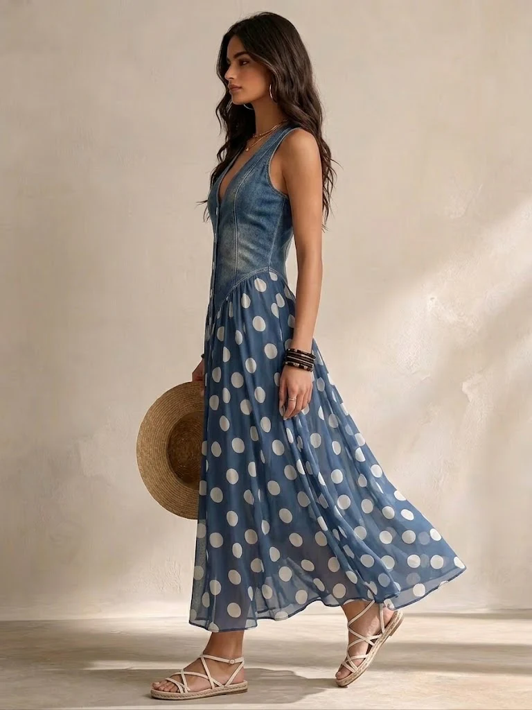 Abito lungo donna senza maniche con corpetto denim e gonna a pois