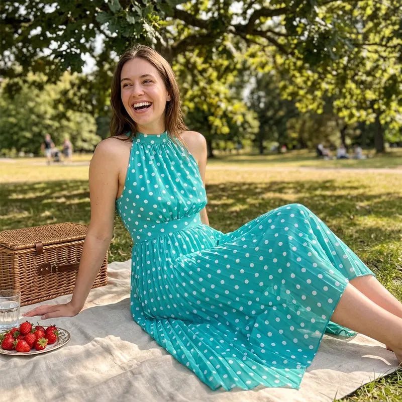 Abito maxi donna a pois con collo halter