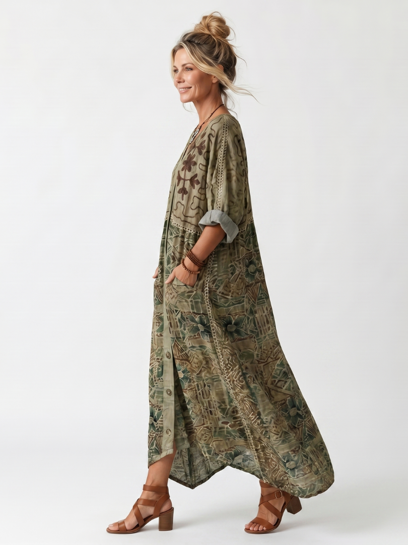 Abito midi donna bohemien con bottoni e stampa floreale