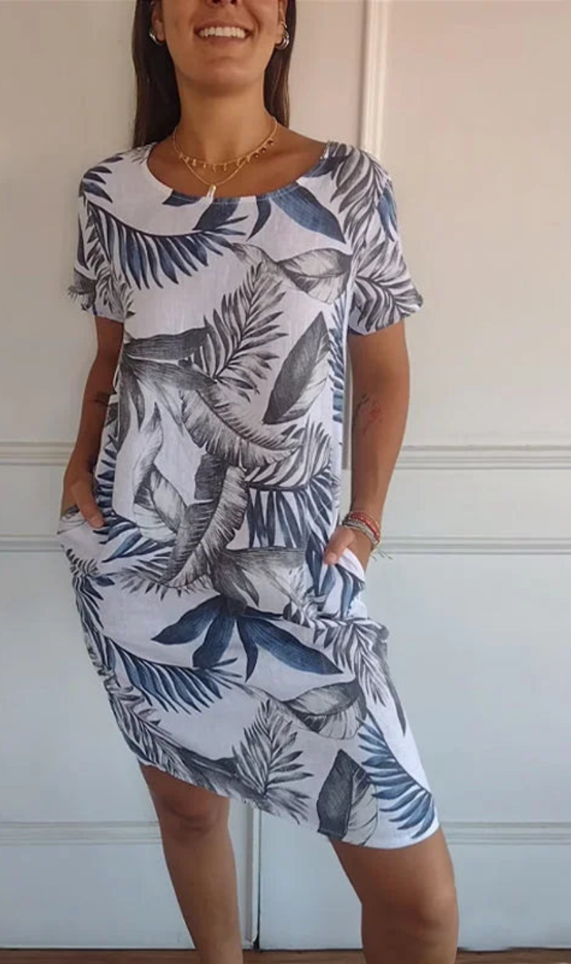 Abito donna fluido con stampa botanica e tasche