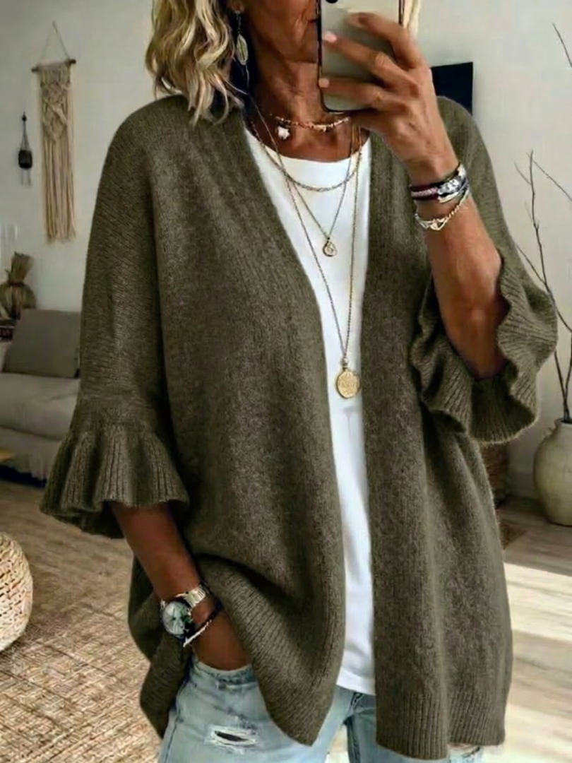 Cardigan donna aperto in maglia con maniche a volant