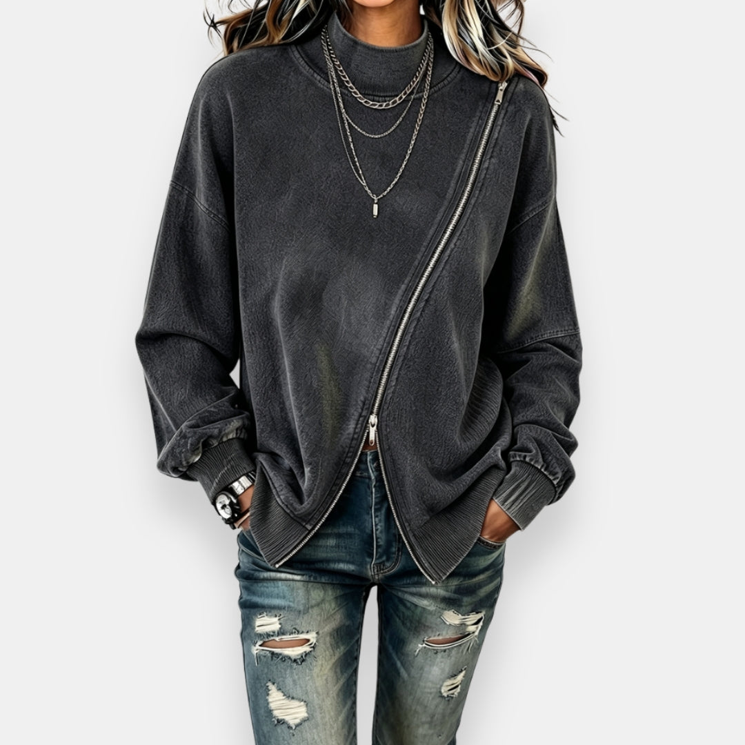 Felpa donna oversize con zip diagonale ed effetto vintage