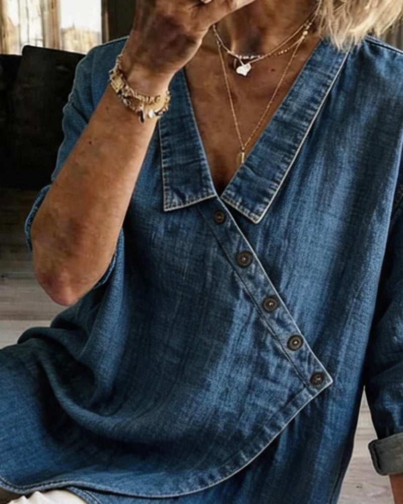 Blusa donna effetto denim con bottoni diagonali