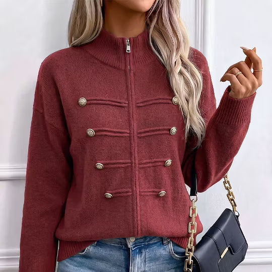 Cardigan donna in maglia con collo alto, zip e bottoni decorativi