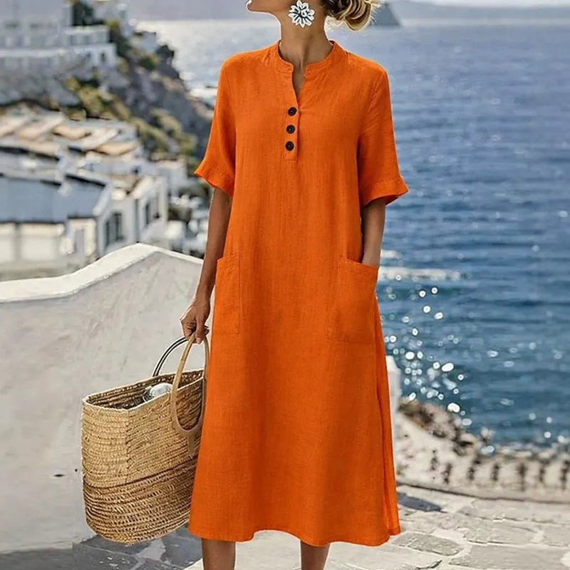 Abito donna midi in cotone lino con bottoni e tasche