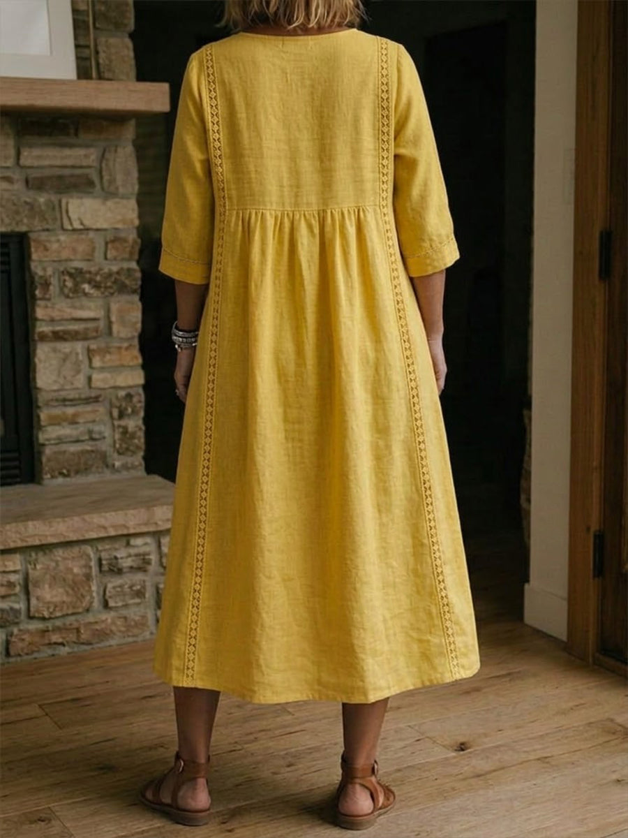 Abito midi donna in cotone lino con pizzo e tasche