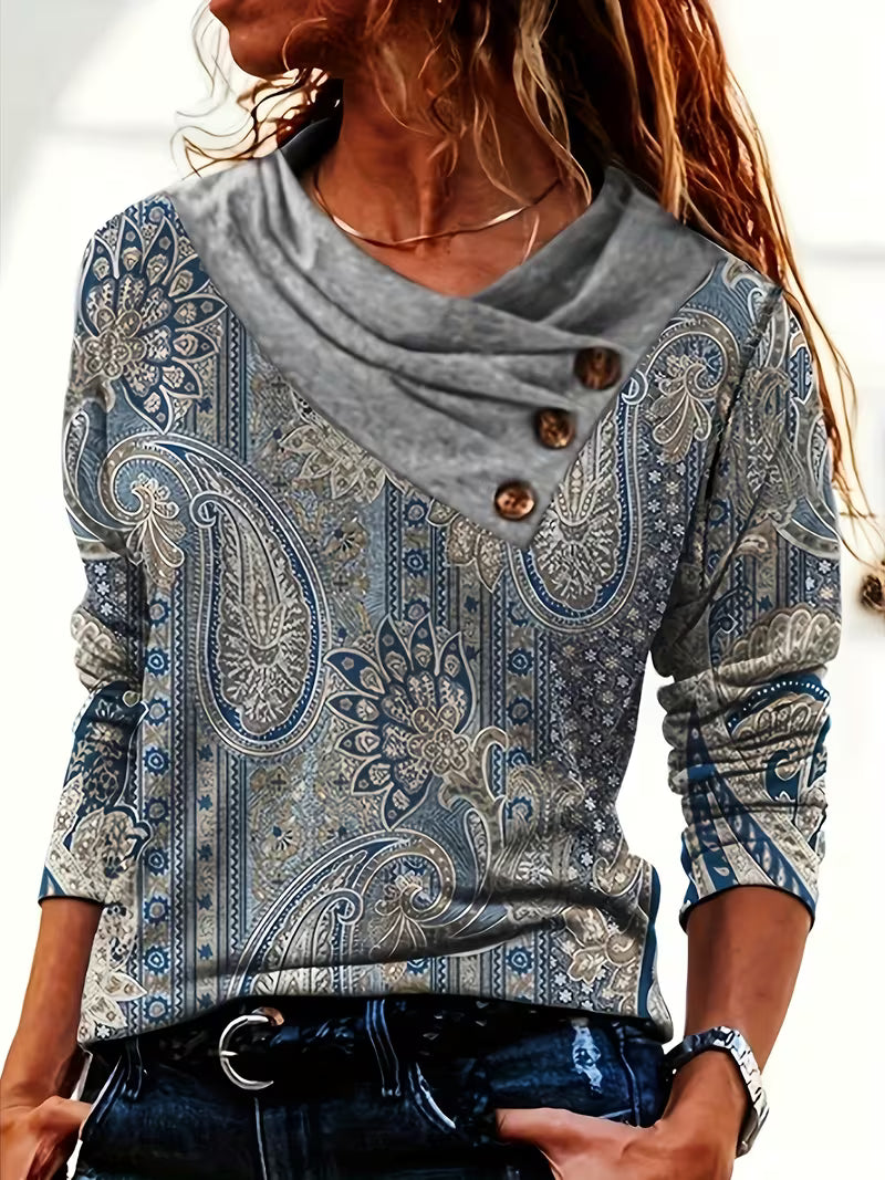 Top donna con stampa paisley e scollo drappeggiato