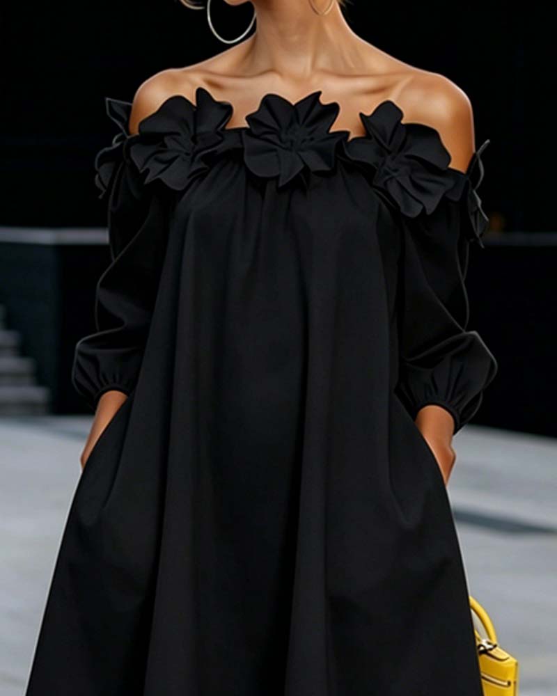 Abito donna spalle scoperte con fiori 3D