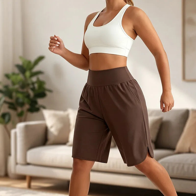 Pantaloni corti donna a vita alta lunghezza ginocchio