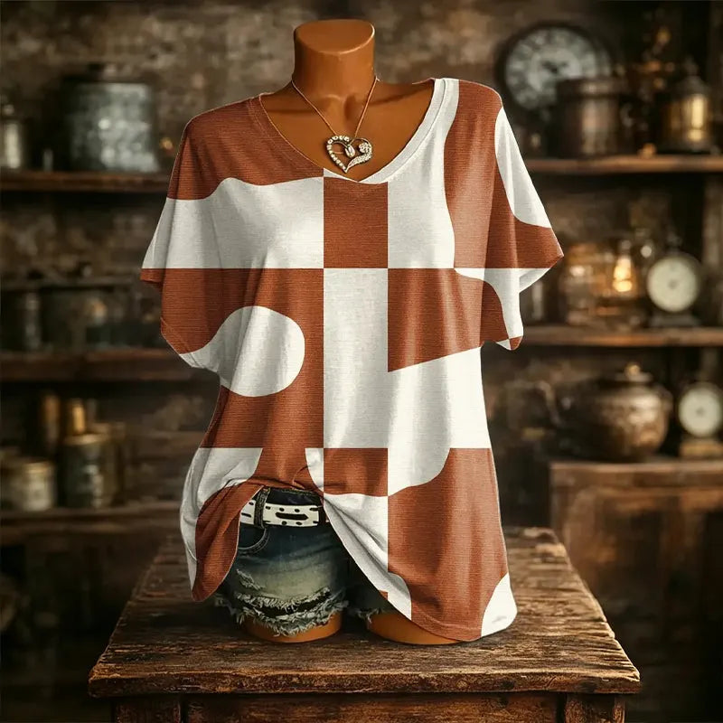 T-shirt donna stampata con scollo a V