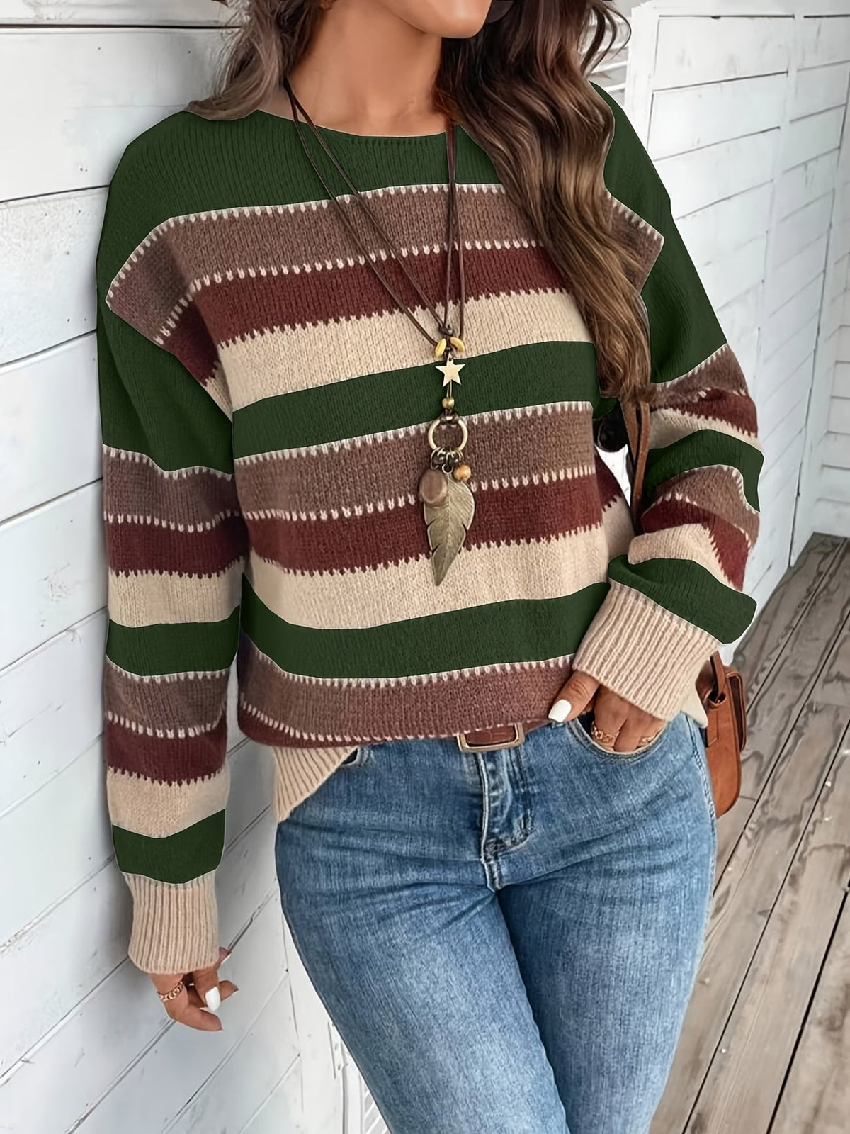 Maglione donna a righe colorblock con girocollo e maniche lunghe