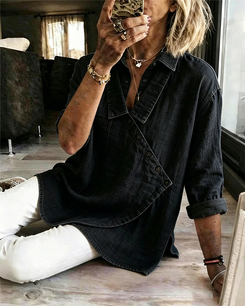 Blusa donna effetto denim con bottoni diagonali