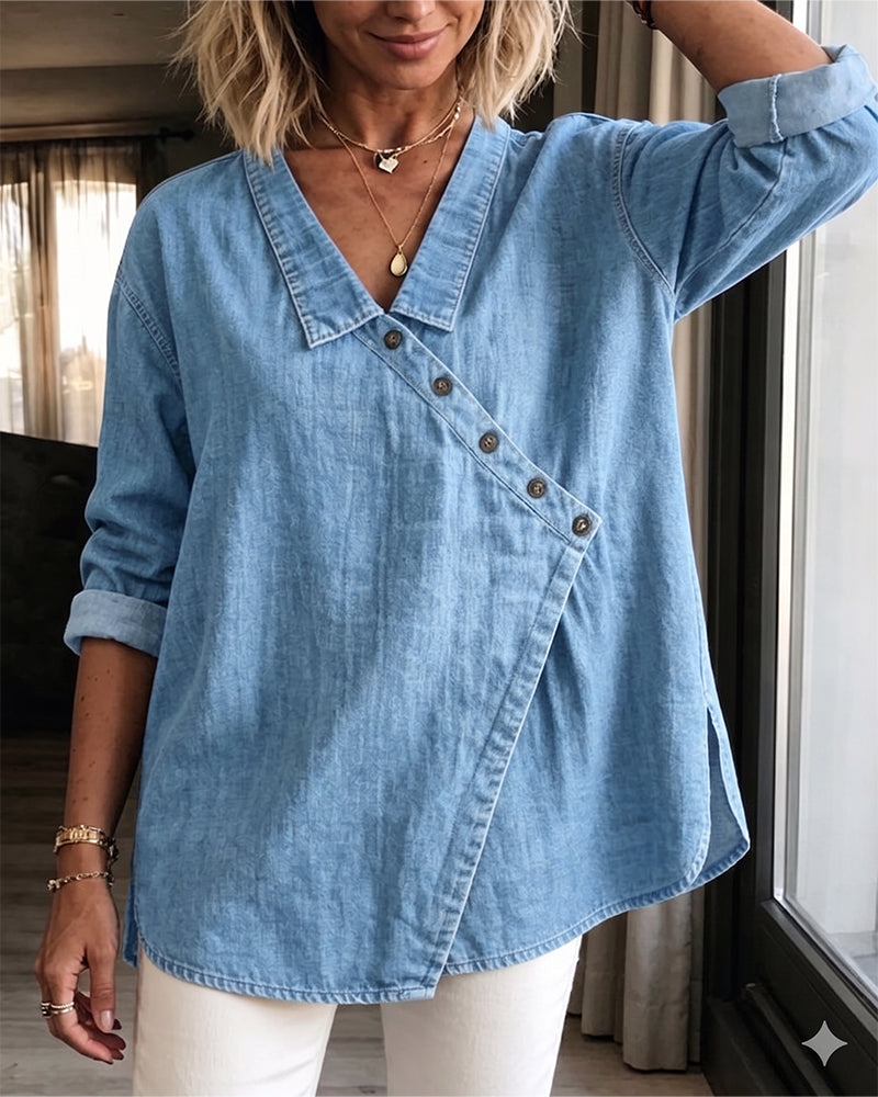 Blusa donna effetto denim con bottoni diagonali