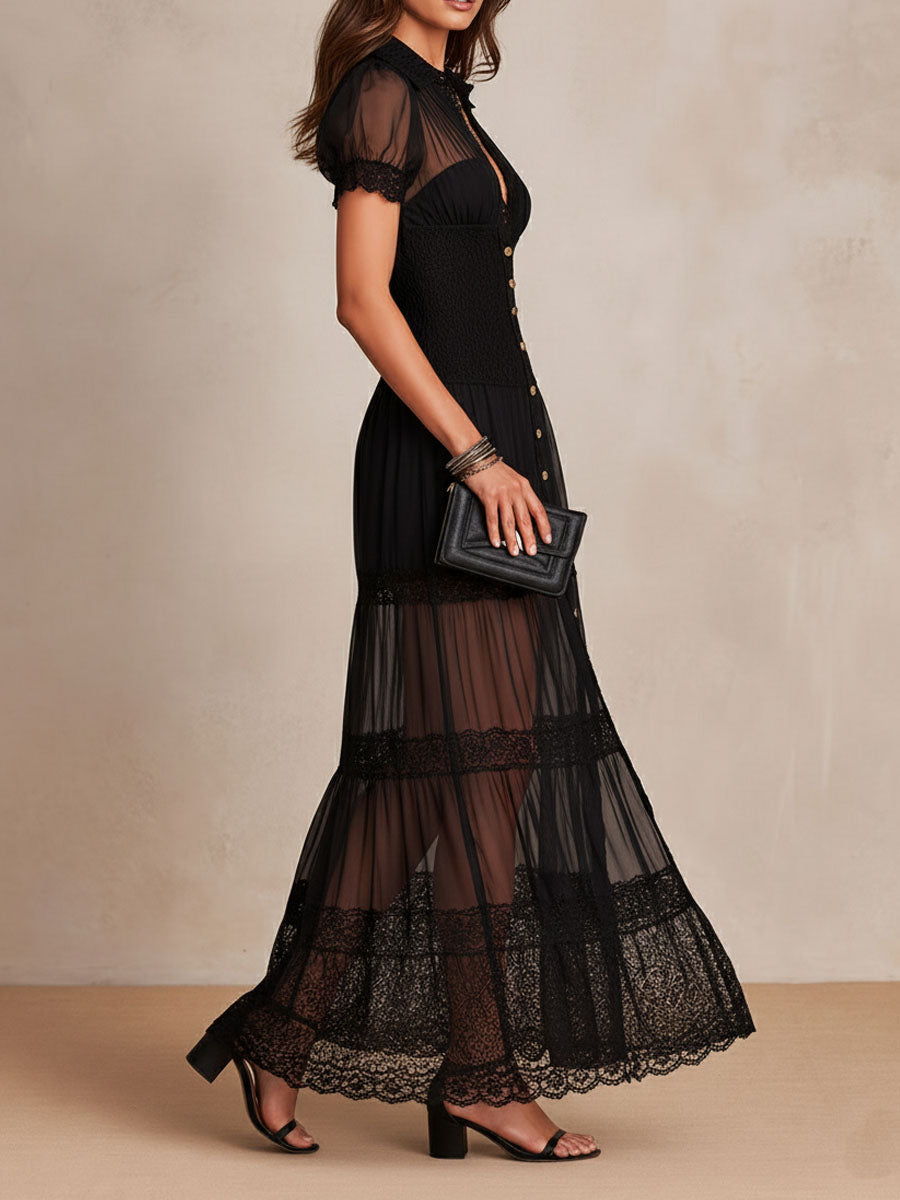 Abito maxi donna nero con pizzo e bottoni frontali