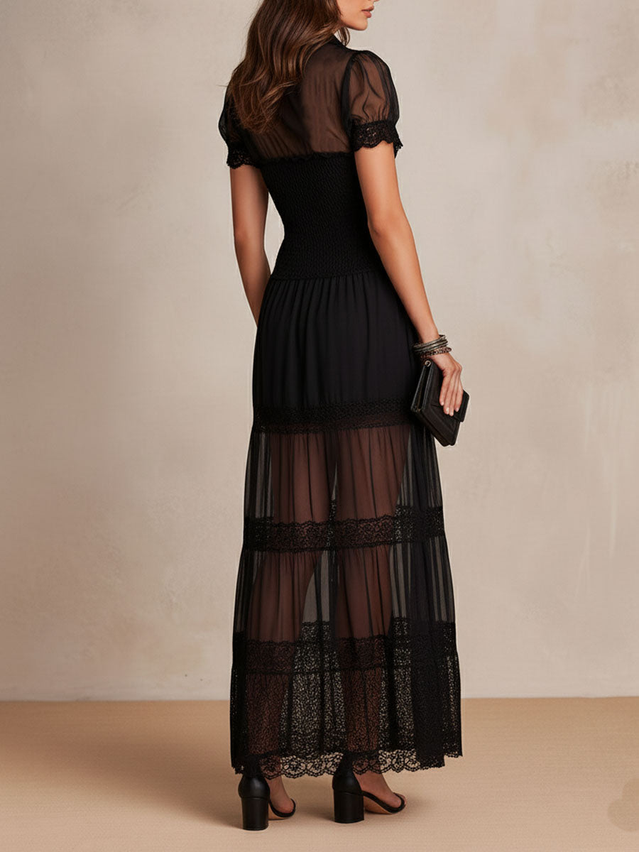 Abito maxi donna nero con pizzo e bottoni frontali