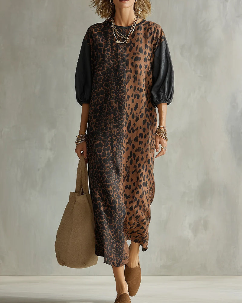 Vestito donna leopardato fluido con maniche a sbuffo