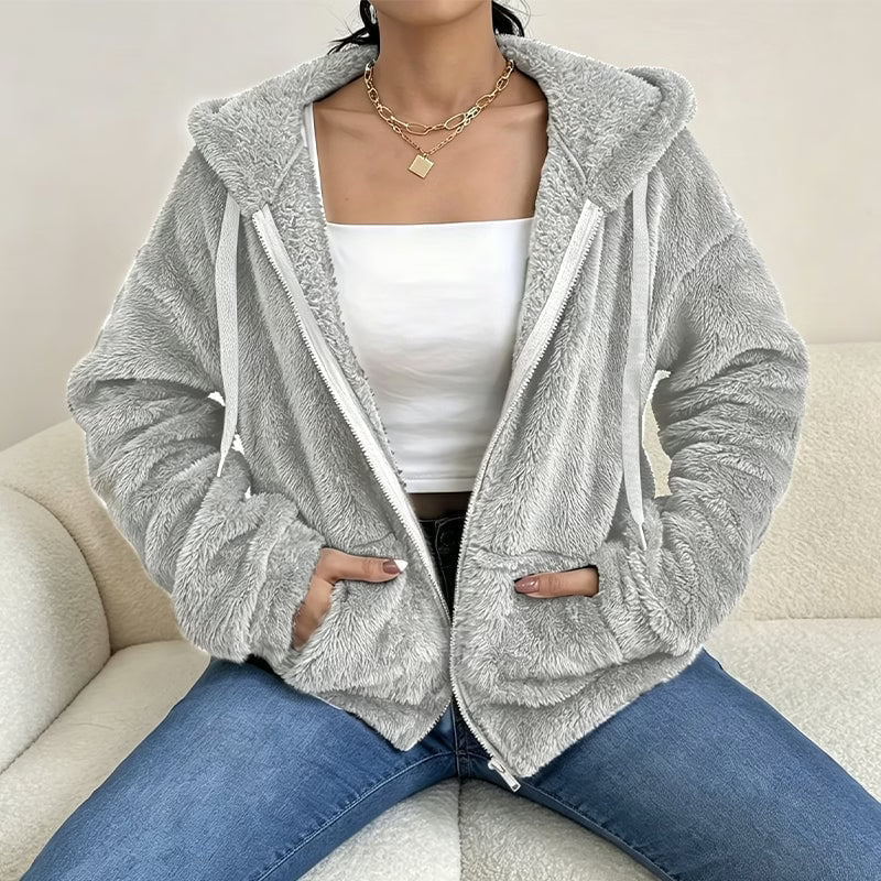 Giacca donna effetto teddy con cappuccio e zip frontale