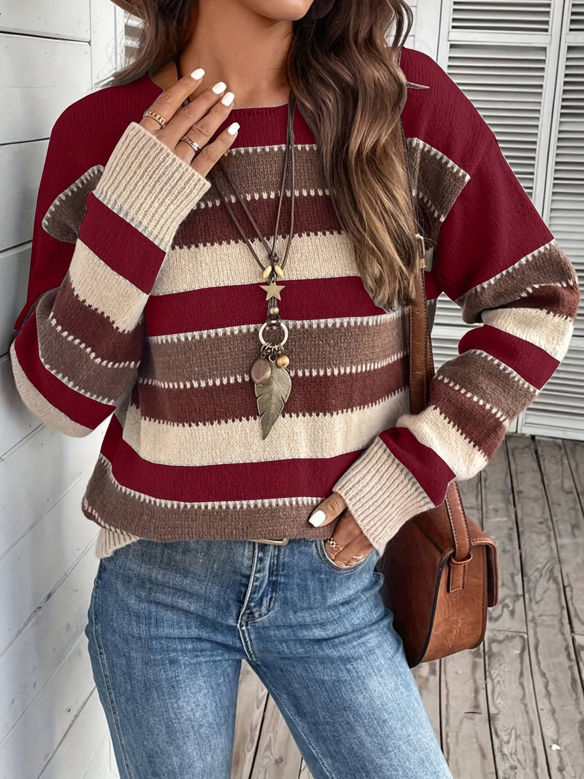 Maglione donna a righe colorblock con girocollo e maniche lunghe