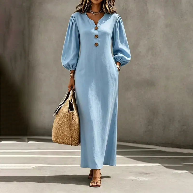 Abito maxi donna con scollo a V e maniche a sbuffo