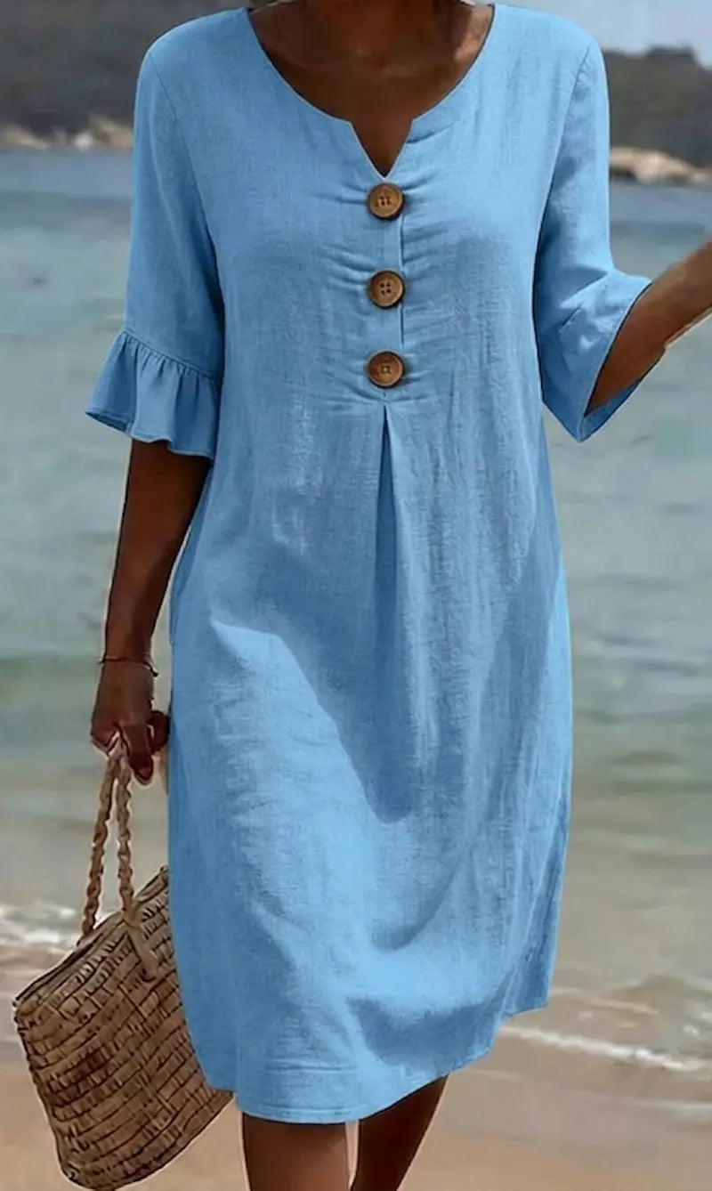 Abito estivo da donna in cotone lino con bottoni