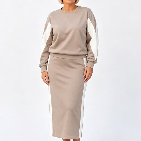 Completo donna bicolore con maglia girocollo e gonna midi