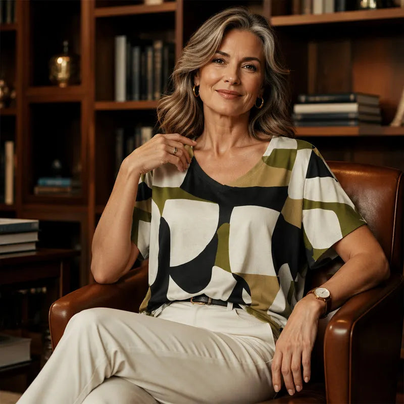 T-shirt donna stampata con scollo a V