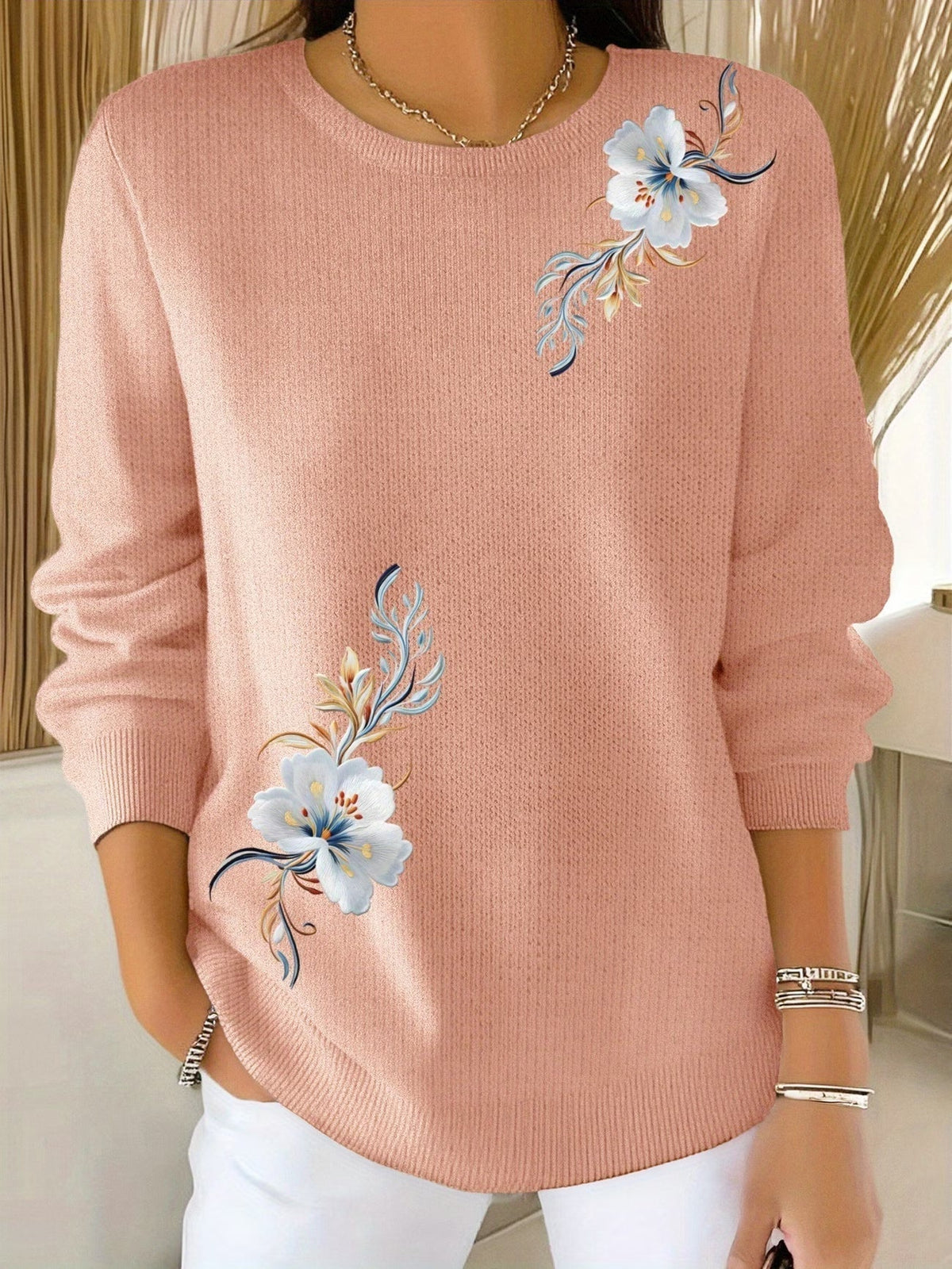 Maglione donna floreale in maglia morbida con collo rotondo