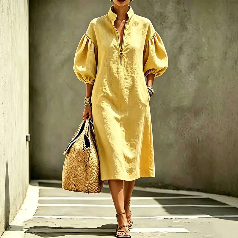 Abito midi donna A-line con maniche a sbuffo e zip