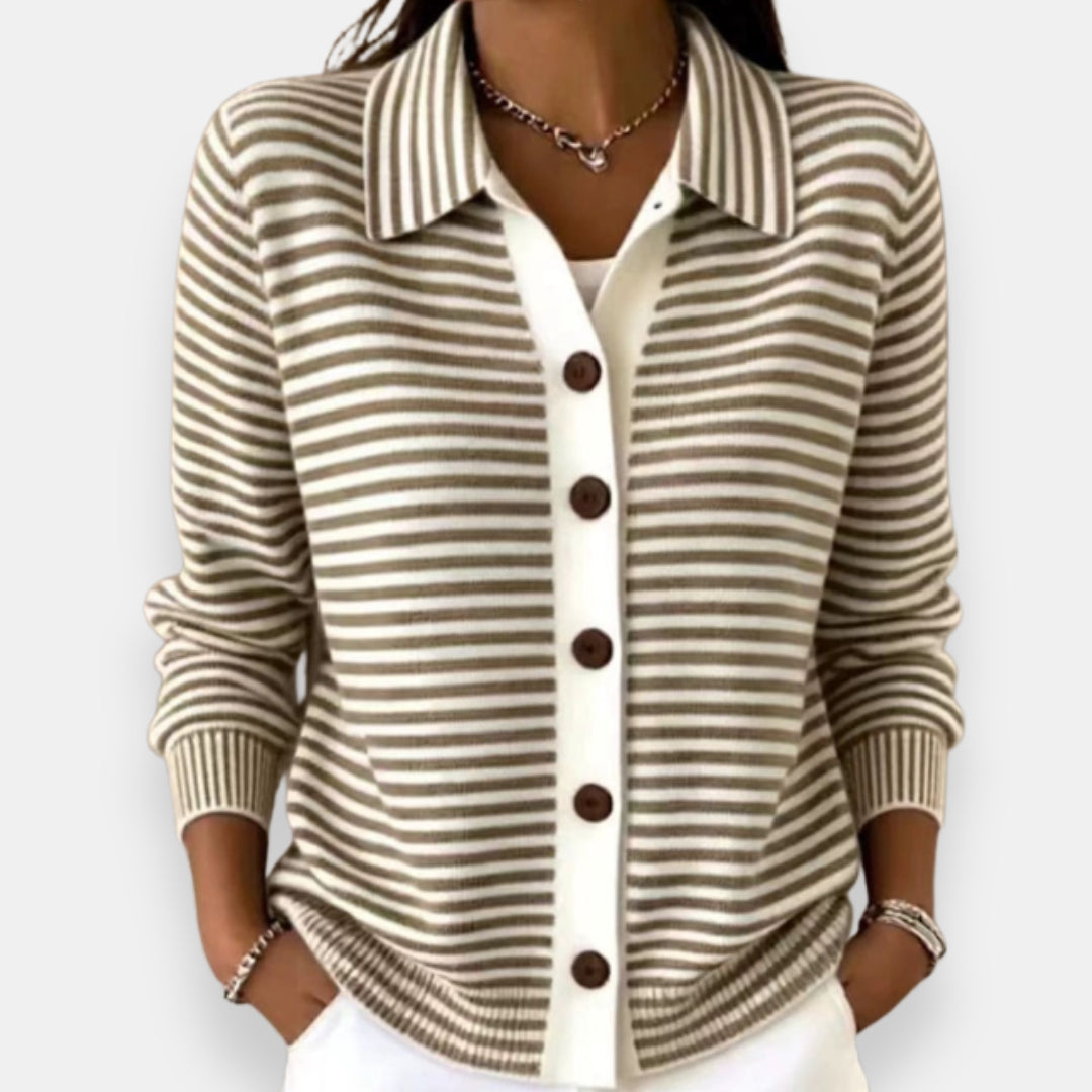Cardigan donna a righe con bottoni e colletto classico