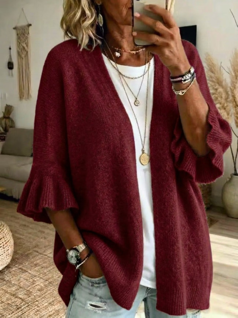 Cardigan donna aperto in maglia con maniche a volant