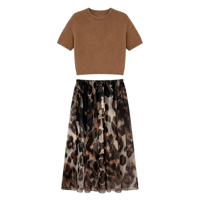 Completo donna due pezzi con maglione e gonna leopardata