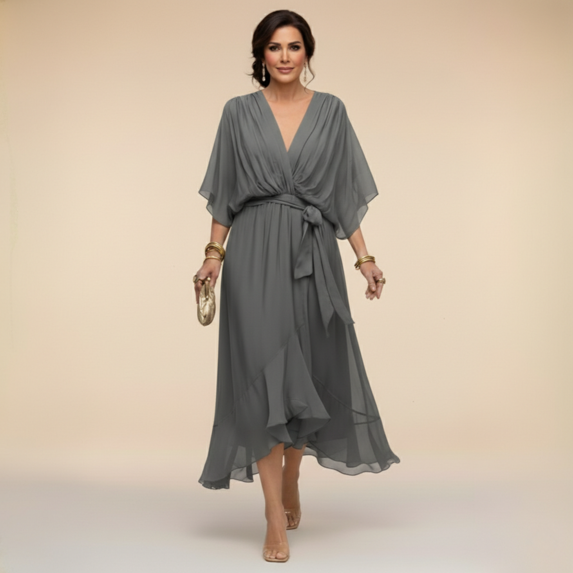 Abito midi da donna elegante in chiffon con scollo a V