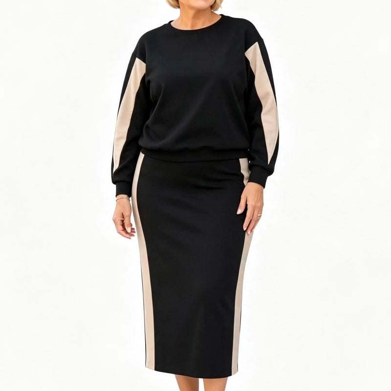 Completo donna bicolore con maglia girocollo e gonna midi