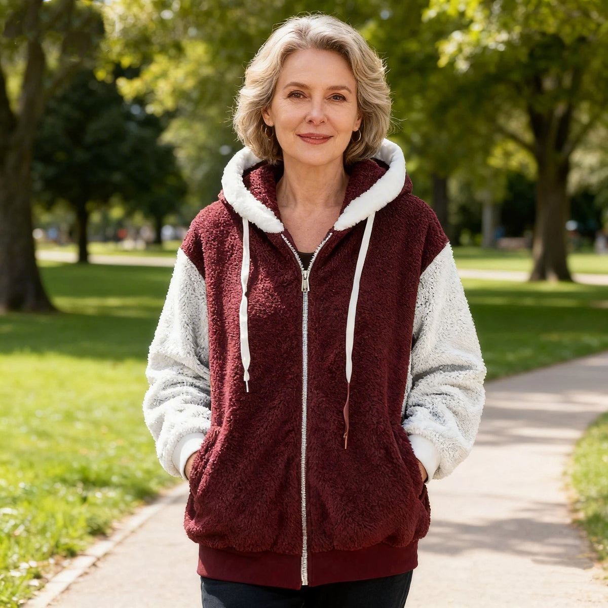 Giacca in pile donna con cappuccio e zip