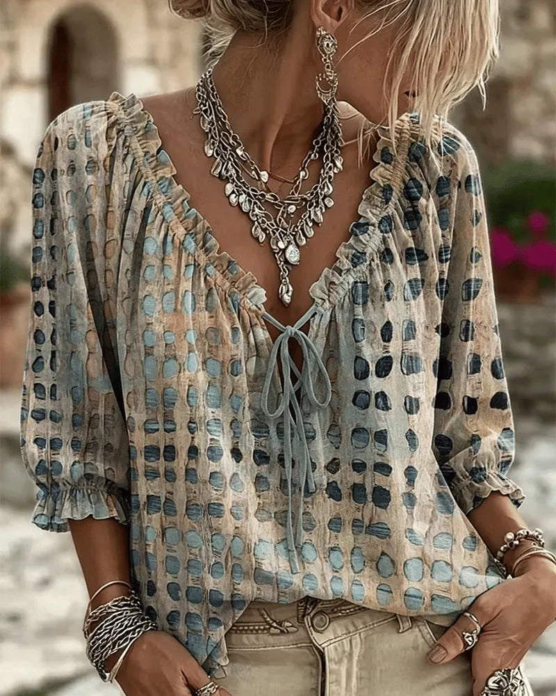 Blusa donna boho a pois con scollo a V e laccio