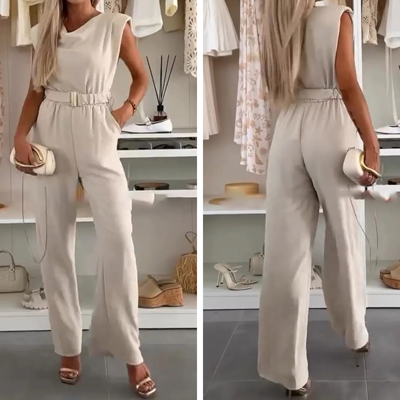 Tuta donna senza maniche con scollo drappeggiato e fibbia