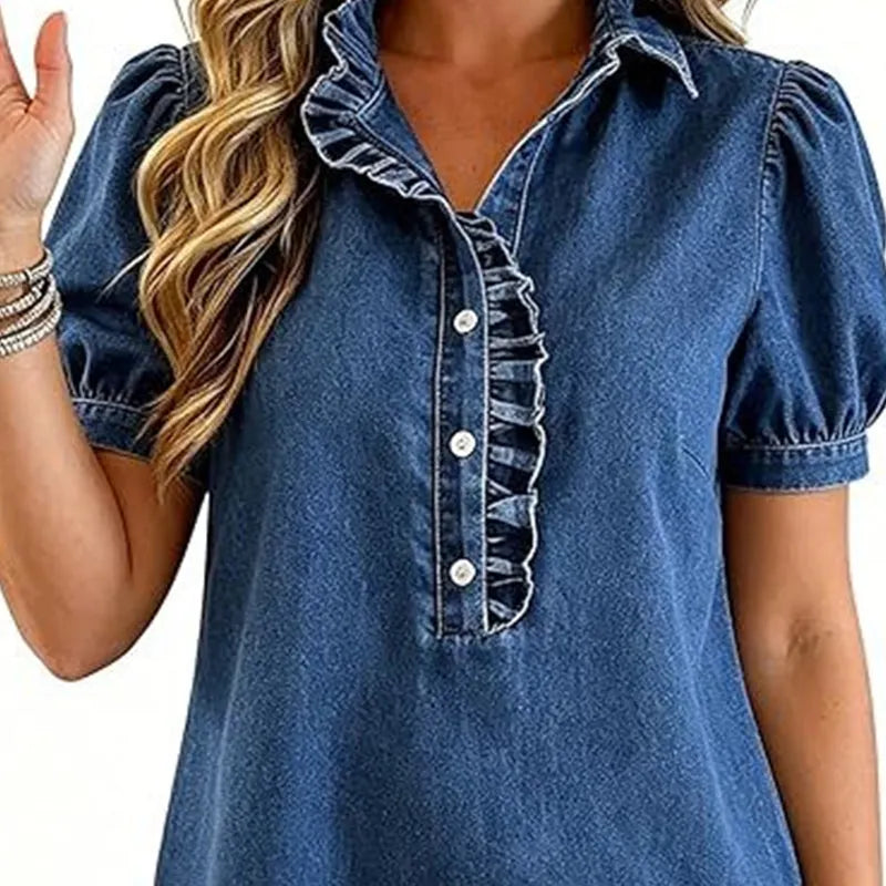 Top donna in denim con volant e maniche a sbuffo