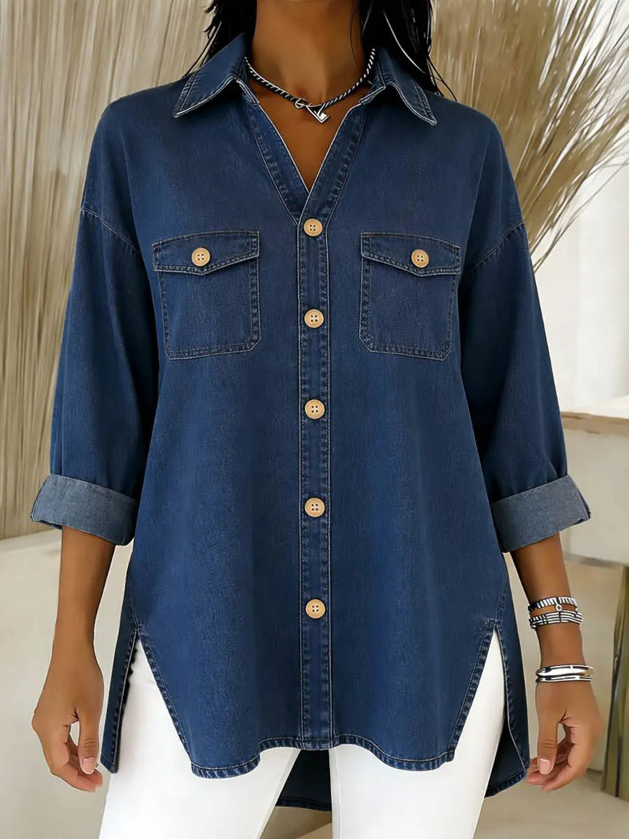 Camicia lunga donna in denim con tasche e taglio ampio