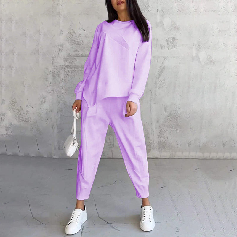 Completo donna con felpa asimmetrica e pantaloni comodi
