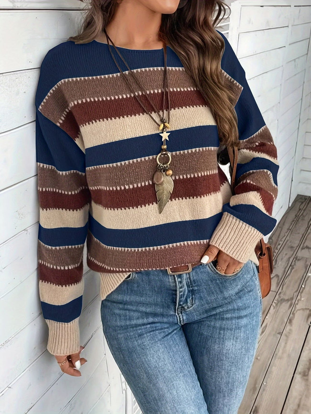 Maglione donna a righe colorblock con girocollo e maniche lunghe