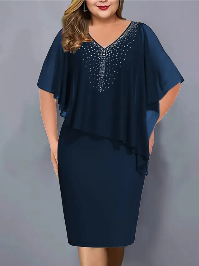 Abito midi donna elegante con strass e mantella in chiffon