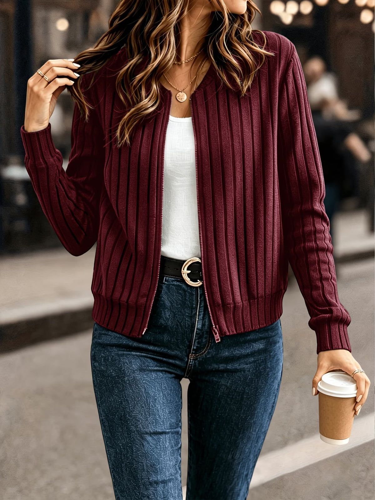 Cardigan donna a coste con zip frontale e maniche lunghe