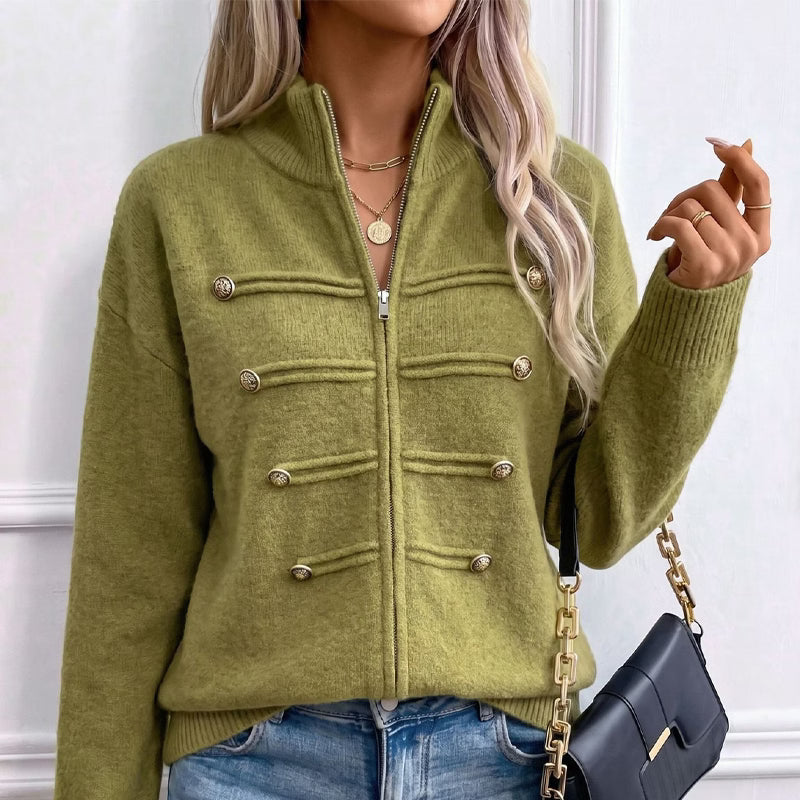 Cardigan donna in maglia con collo alto, zip e bottoni decorativi