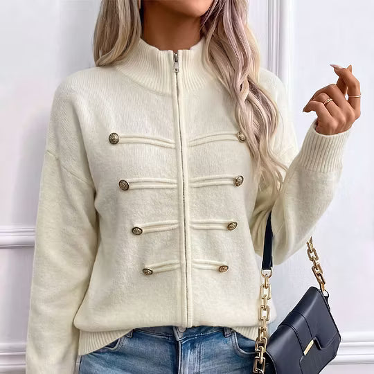 Cardigan donna in maglia con collo alto, zip e bottoni decorativi