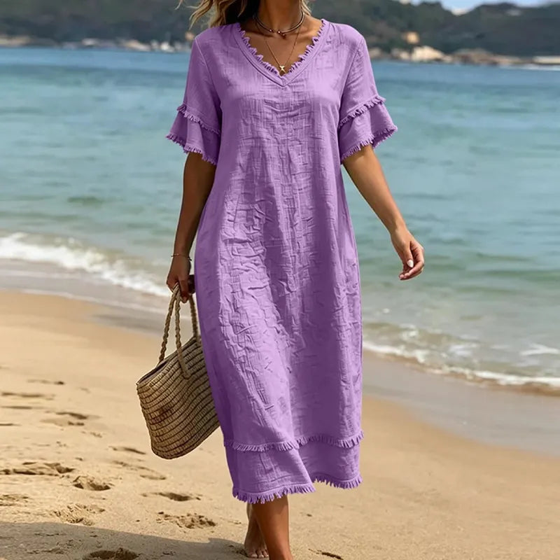 Abito donna bohémien con scollo a V e frange