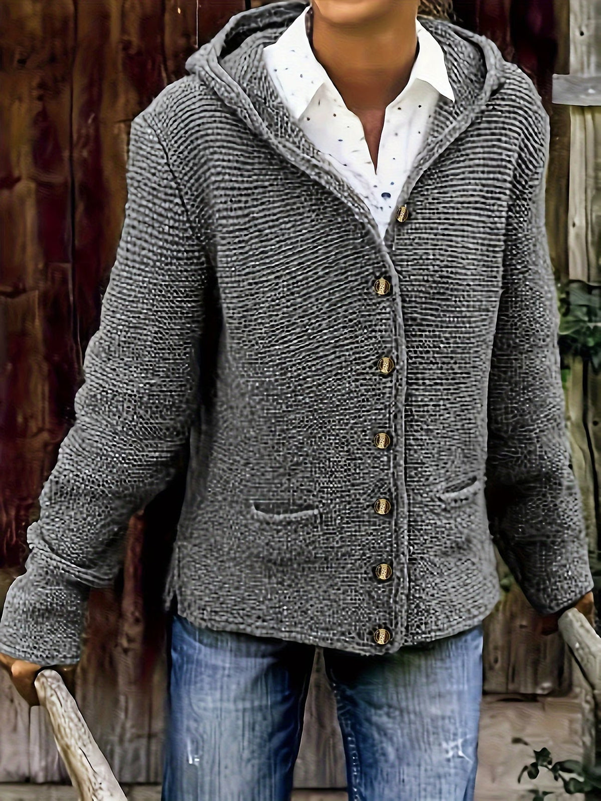 Cardigan donna in maglia spessa con cappuccio e bottoni