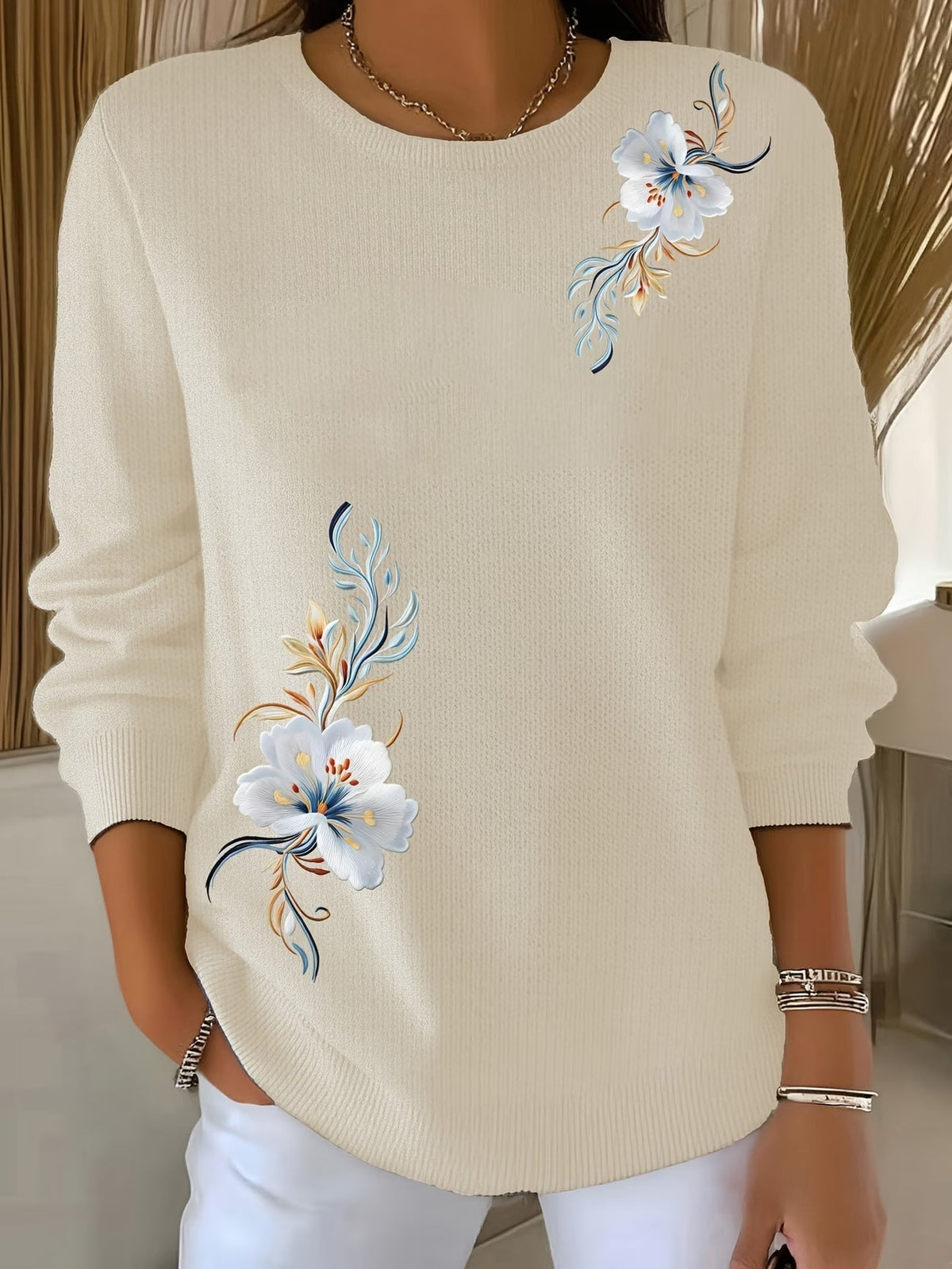 Maglione donna floreale in maglia morbida con collo rotondo