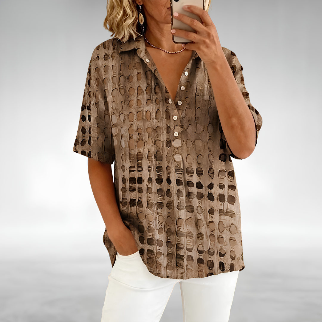 Top donna traforato casual con colletto e bottoni