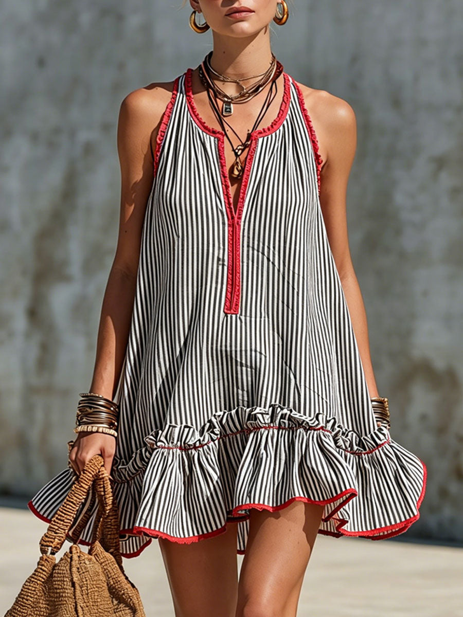 Abito mini donna a righe con volant e scollo halter